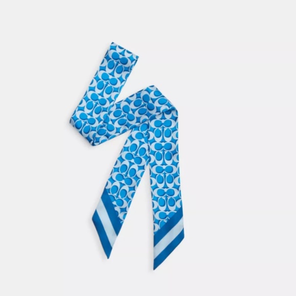 New🩵Coach Signature Print Silk Skinny Scarf- Blue - Picture 1 of 2